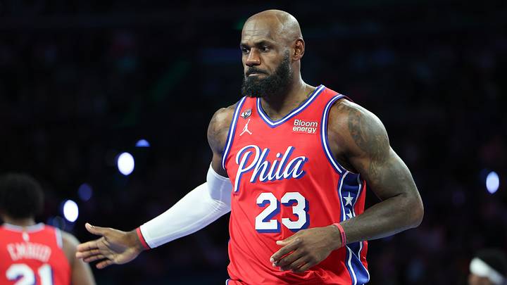 Oct 30, 2026; Philadelphia, Pennsylvania, USA; Philadelphia 76ers forward LeBron James (23) reacts after a score against the New York Knicks during the second quarter at Xfinity Mobile Arena. Mandatory Credit: Bill Streicher-Imagn Images