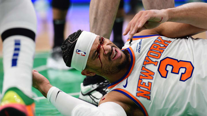May 14, 2025; Boston, Massachusetts, USA; New York Knicks guard Josh Hart (3) is bloodied after taking an elbow to the eye in the first half during game five of the second round for the 2025 NBA Playoffs against the Boston Celtics at TD Garden. Mandatory Credit: Bob DeChiara-Imagn Images
