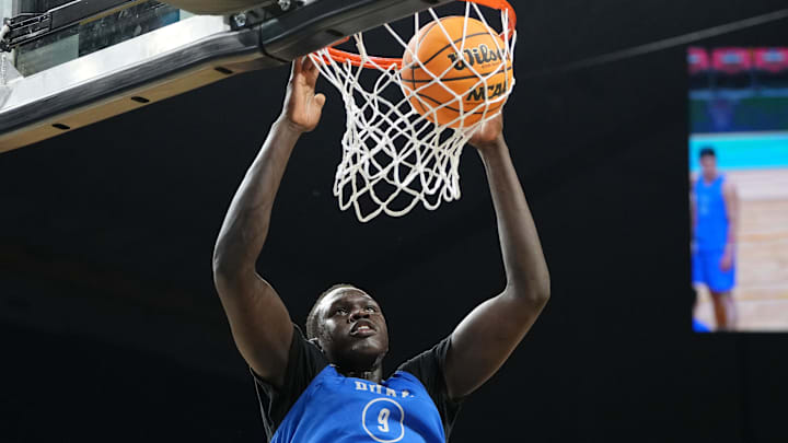 Apr 4, 2025; San Antonio, TX, USA; Duke Blue Devils center Khaman Maluach (9) during a practice session for the Final Four of the 2025 NCAA tournament at Alamodome. Mandatory Credit: Bob Donnan-Imagn Images Apr 4, 2025; San Antonio, TX, USA; Duke Blue Devils center Khaman Maluach (9) during a practice session for the Final Four of the 2025 NCAA tournament at Alamodome. Mandatory Credit: Bob Donnan-Imagn Images