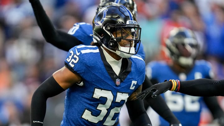 Indianapolis Colts safety Julian Blackmon (32) runs down field after intercepting a pass.