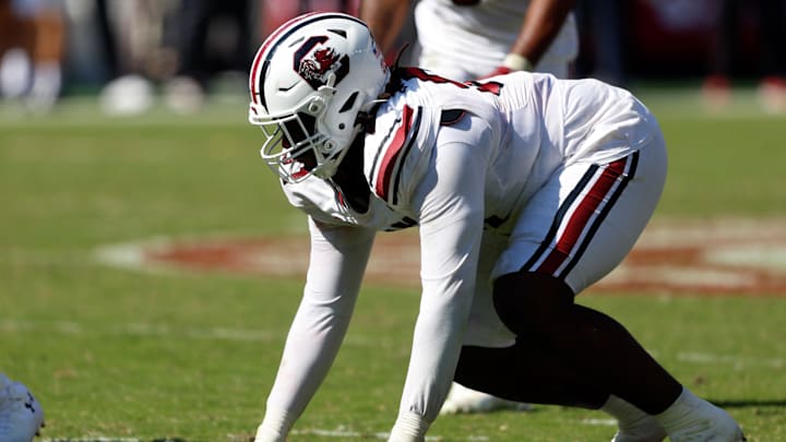 Oct 12, 2024; Tuscaloosa, Alabama, USA; South Carolina Gamecocks edge Bryan Thomas Jr. (46) during the second half at Bryant-Denny Stadium. Mandatory Credit: Butch Dill-Imagn Images Oct 12, 2024; Tuscaloosa, Alabama, USA; South Carolina Gamecocks edge Bryan Thomas Jr. (46) during the second half at Bryant-Denny Stadium. Mandatory Credit: Butch Dill-Imagn Images