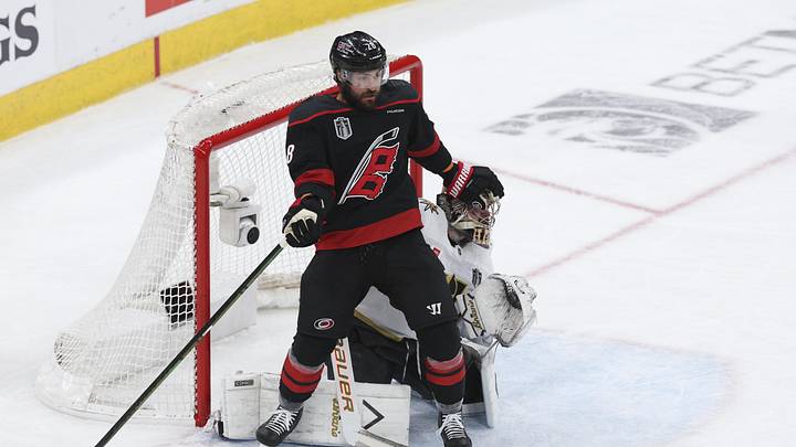 Jun 4, 2026; Raleigh, North Carolina, USA; Carolina Hurricanes left wing William Carrier (28) screens Vegas Golden Knights goaltender Carter Hart (79) during the second period in game two of the 2026 Stanley Cup Final at Lenovo Center. Mandatory Credit: Nathan Ray Seebeck-Imagn Images