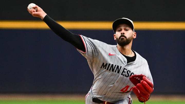 May 17, 2025; Milwaukee, Wisconsin, USA; Minnesota Twins starting pitcher Pablo Lopez (49) throws a pitch in the first inning against the Milwaukee Brewers at American Family Field.