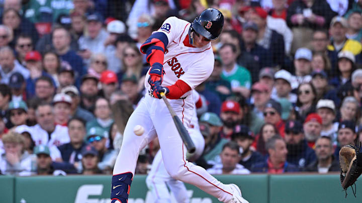 Apr 3, 2026; Boston, Massachusetts, USA; Boston Red Sox designated hitter Roman Anthony (19) hits a single against the San Diego Padres during the fifth inning at Fenway Park. Mandatory Credit: Eric Canha-Imagn Images Apr 3, 2026; Boston, Massachusetts, USA; Boston Red Sox designated hitter Roman Anthony (19) hits a single against the San Diego Padres during the fifth inning at Fenway Park. Mandatory Credit: Eric Canha-Imagn Images