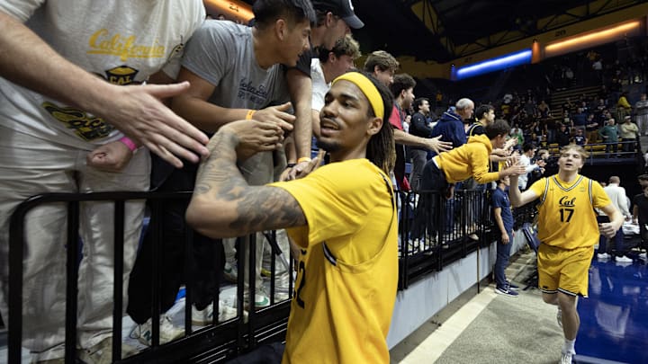 Chris Bell celebrates Cal's 72-71 victory over Notre Dame