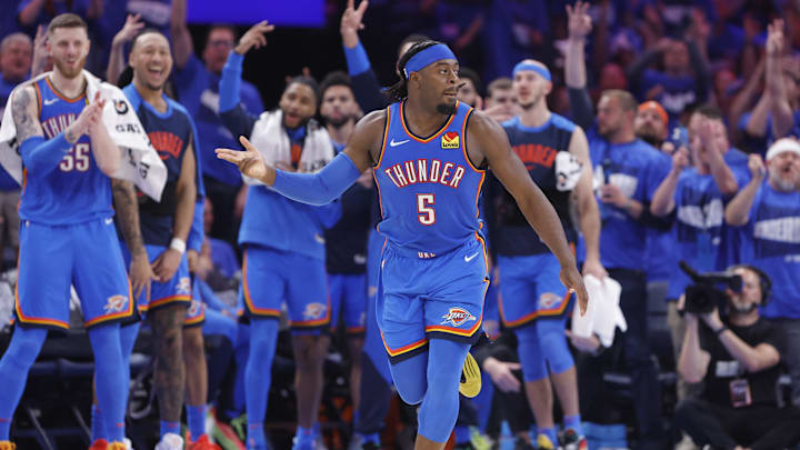 May 22, 2025; Oklahoma City, Oklahoma, USA; Oklahoma City Thunder guard Luguentz Dort (5) reacts after a basket against the Minnesota Timberwolves in the third quarter during game two of the western conference finals for the 2025 NBA Playoffs at Paycom Center. Mandatory Credit: Alonzo Adams-Imagn Images May 22, 2025; Oklahoma City, Oklahoma, USA; Oklahoma City Thunder guard Luguentz Dort (5) reacts after a basket against the Minnesota Timberwolves in the third quarter during game two of the western conference finals for the 2025 NBA Playoffs at Paycom Center. Mandatory Credit: Alonzo Adams-Imagn Images
