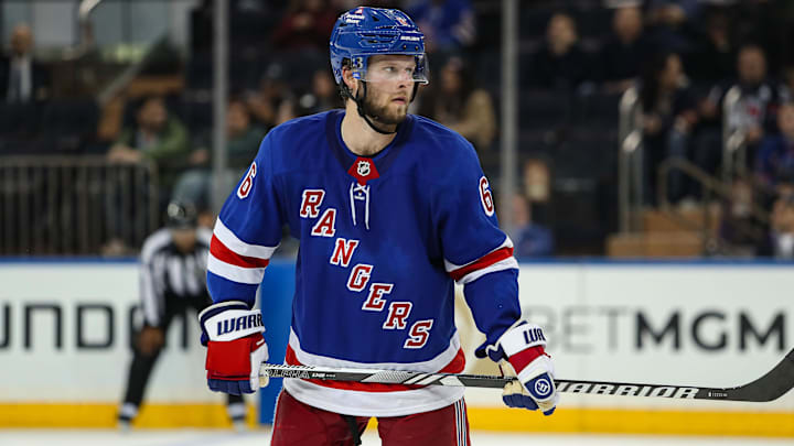 Sep 24, 2024; New York, New York, USA; New York Rangers defenseman Zac Jones (6) skates during the third period against the New York Islanders at Madison Square Garden. Mandatory Credit: Danny Wild-Imagn Images