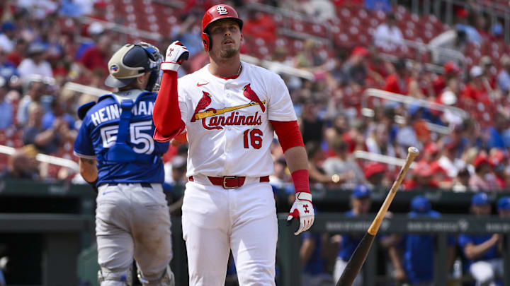 Jun 11, 2025; St. Louis, Missouri, USA;  St. Louis Cardinals second baseman Nolan Gorman (16) tosses his bat after striking out to end the eighth inning against the Toronto Blue Jays at Busch Stadium. Mandatory Credit: Jeff Curry-Imagn Images