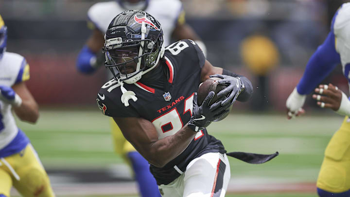 Aug 24, 2024; Houston, Texas, USA; Houston Texans wide receiver Quintez Cephus (81) runs with the ball during the third quarter against the Los Angeles Rams at NRG Stadium. Mandatory Credit: Troy Taormina-Imagn Images Aug 24, 2024; Houston, Texas, USA; Houston Texans wide receiver Quintez Cephus (81) runs with the ball during the third quarter against the Los Angeles Rams at NRG Stadium. Mandatory Credit: Troy Taormina-Imagn Images