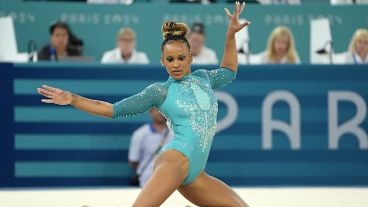 Rebeca Andrade of Brazil competes on the floor exercise on day three of the gymnastics event finals during the Paris 2024 Olympic Summer Games. 