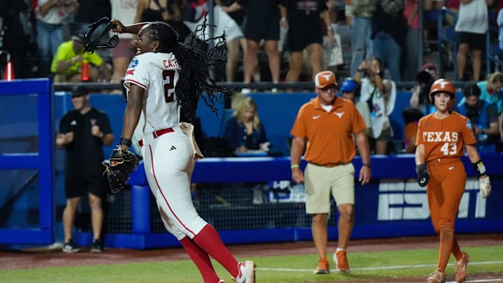 Texas Tech starting pitcher/relief pitcher NiJaree Canady (24) leaps up after the last out in Game 2 of the Women's College World Series championship series between the Texas Longhorns at Texas Tech Red Raiders at Devon Park in Oklahoma City, Thursday, June 5, 2025. Texas Tech won 4-3.