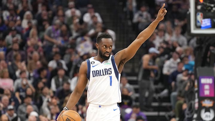 Feb 11, 2023; Sacramento, California, USA; Dallas Mavericks guard Theo Pinson (1) gestures during the second quarter against the Sacramento Kings at Golden 1 Center. Mandatory Credit: Darren Yamashita-Imagn Images