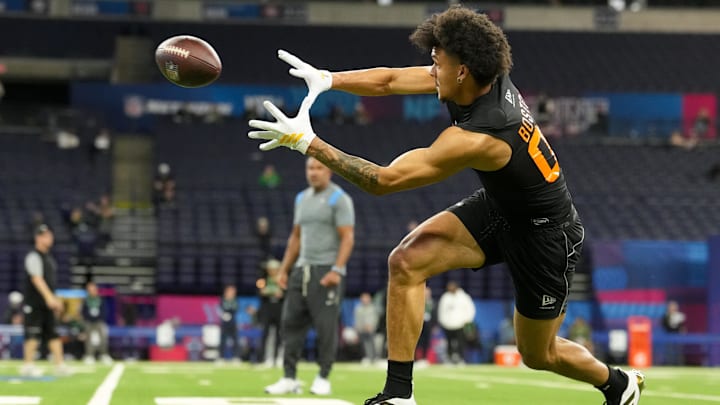Feb 28, 2026; Indianapolis, IN, USA; Washington wideout Denzel Boston (WO08) during the NFL Scouting Combine at Lucas Oil Stadium. Mandatory Credit: Kirby Lee-Imagn Images Feb 28, 2026; Indianapolis, IN, USA; Washington wideout Denzel Boston (WO08) during the NFL Scouting Combine at Lucas Oil Stadium. Mandatory Credit: Kirby Lee-Imagn Images