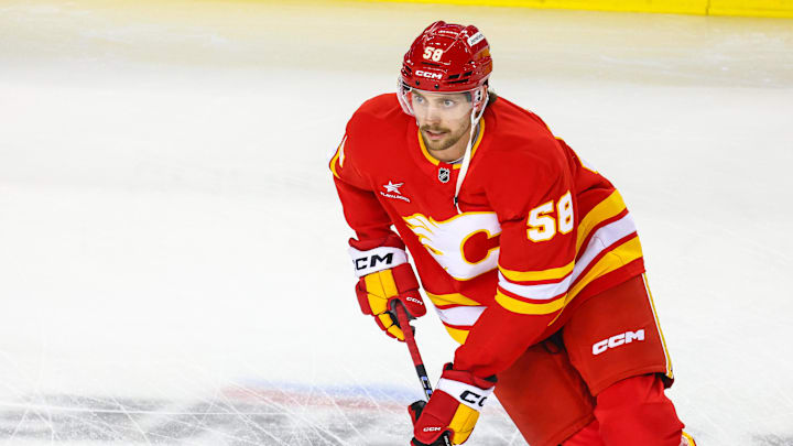 Nov 11, 2024; Calgary, Alberta, CAN; Calgary Flames center Justin Kirkland (58) skates during the warmup period against the Los Angeles Kings at Scotiabank Saddledome. Mandatory Credit: Sergei Belski-Imagn Images