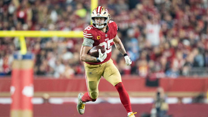 November 24, 2025; Santa Clara, California, USA; San Francisco 49ers tight end George Kittle (85) during the fourth quarter against the Carolina Panthers at Levi's Stadium.
