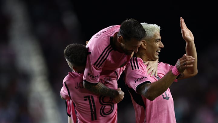 Oct 25, 2024; Fort Lauderdale, Florida, USA; Inter Miami CF defender Jordi Alba (18) celebrates a second half goal with forward Lionel Messi (10) and forward Luis Suarez (9) against Atlanta United in a 2024 MLS Cup Playoffs Round One match  at Chase Stadium. Mandatory Credit: Nathan Ray Seebeck-Imagn Images
