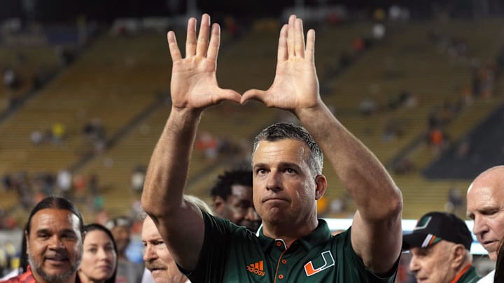 Oct 5, 2024; Berkeley, California, USA; Miami Hurricanes head coach Mario Cristobal gestures after defeating the California Golden Bears at California Memorial Stadium. Mandatory Credit: Darren Yamashita-Imagn Images