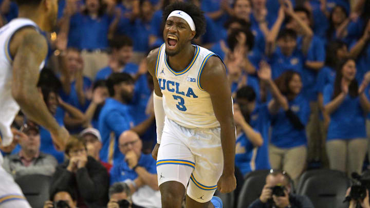 Jan 10, 2026; Los Angeles, California, USA;  UCLA Bruins forward Eric Dailey Jr. (3) reacts after a dunk in the first half against the Maryland Terrapins at Pauley Pavilion presented by Wescom Financial. Mandatory Credit: Jayne Kamin-Oncea-Imagn Images