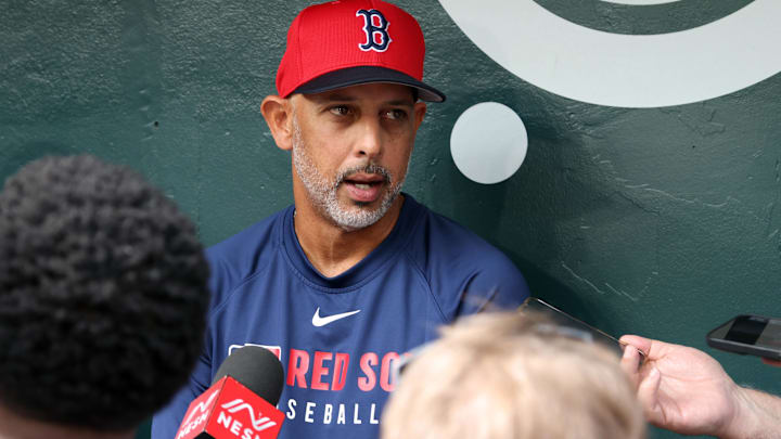 Mar 27, 2025; Arlington, Texas, USA; Boston Red Sox manager Alex Cora (13) talks to the media before the game against the Texas Rangers at Globe Life Field. 