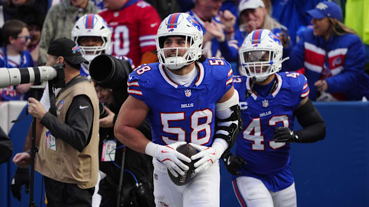 Dec 29, 2024; Orchard Park, New York, USA; Buffalo Bills linebacker Matt Milano (58) after recovering a fumble against the New York Jets during the second half at Highmark Stadium. Mandatory Credit: Gregory Fisher-Imagn Images