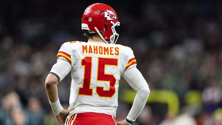 Feb 9, 2025; New Orleans, LA, USA;  Detailed view of the jersey of Kansas City Chiefs quarterback Patrick Mahomes (15) against the Philadelphia Eagles in Super Bowl LIX at Ceasars Superdome. Mandatory Credit: Mark J. Rebilas-Imagn Images