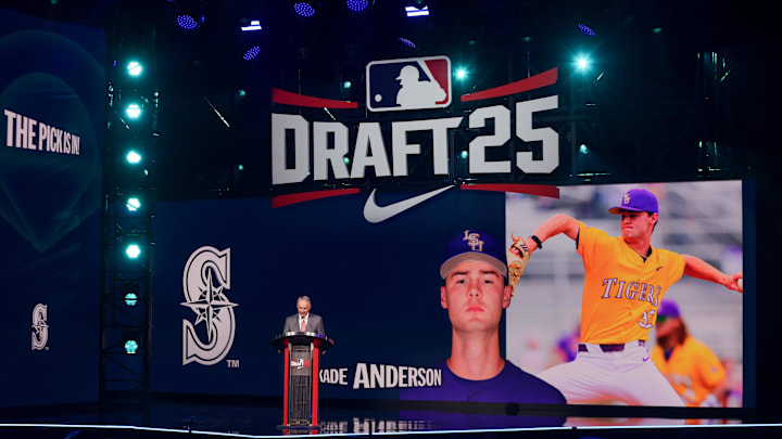 Jul 13, 2025; Atlanta, GA, USA; Kade Anderson is drafted by the Seattle Mariners with the third pick during the first round of the MLB Draft at The Coca-Cola Roxy. Mandatory Credit: Brett Davis-Imagn Images Jul 13, 2025; Atlanta, GA, USA; Kade Anderson is drafted by the Seattle Mariners with the third pick during the first round of the MLB Draft at The Coca-Cola Roxy. Mandatory Credit: Brett Davis-Imagn Images