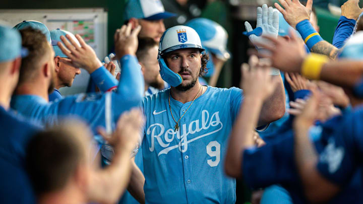 Sep 20, 2025; Kansas City, Missouri, USA; Kansas City Royals first base Vinnie Pasquantino (9) celebrates in the dugout after scoring during the fifth inning against the Toronto Blue Jays at Kauffman Stadium. Mandatory Credit: William Purnell-Imagn Images Sep 20, 2025; Kansas City, Missouri, USA; Kansas City Royals first base Vinnie Pasquantino (9) celebrates in the dugout after scoring during the fifth inning against the Toronto Blue Jays at Kauffman Stadium. Mandatory Credit: William Purnell-Imagn Images