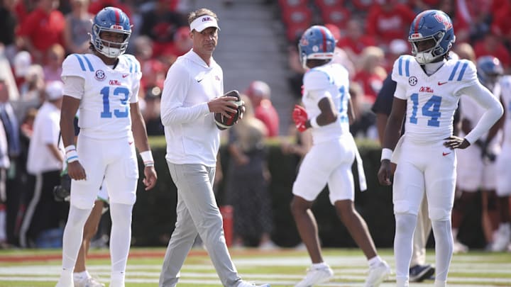 Oct 18, 2025; Athens, Georgia, USA; Mississippi Rebels head coach Lane Kiffin prior to the game against the Georgia Bulldogs at Sanford Stadium. Mandatory Credit: Brett Davis-Imagn Images Oct 18, 2025; Athens, Georgia, USA; Mississippi Rebels head coach Lane Kiffin prior to the game against the Georgia Bulldogs at Sanford Stadium. Mandatory Credit: Brett Davis-Imagn Images