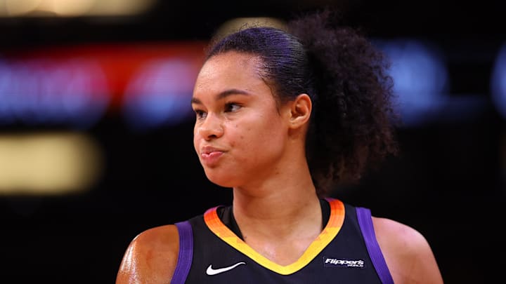 Aug 10, 2025; Phoenix, Arizona, USA; Phoenix Mercury forward Satou Sabally (0) against the Atlanta Dream at PHX Arena. Mandatory Credit: Mark J. Rebilas-Imagn Images
