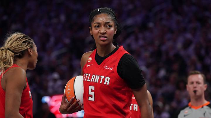 Atlanta Dream forward Angel Reese (5) reacts after being fouled by the Golden State Valkyries. Atlanta Dream forward Angel Reese (5) reacts after being fouled by the Golden State Valkyries.