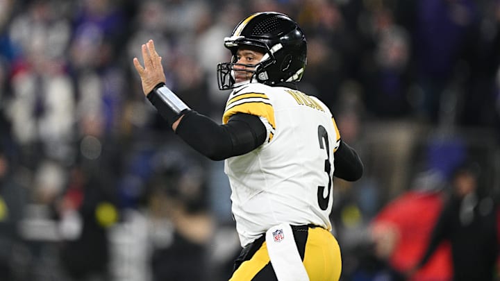 Jan 11, 2025; Baltimore, Maryland, USA; Pittsburgh Steelers quarterback Russell Wilson (3) looks to pass in the first quarter against the Baltimore Ravens in an AFC wild card game at M&T Bank Stadium. Mandatory Credit: Tommy Gilligan-Imagn Images