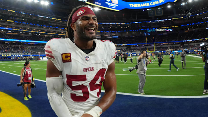 Oct 2, 2025; Inglewood, California, USA; San Francisco 49ers middle linebacker Fred Warner (54) reacts after the game against the Los Angeles Rams at SoFi Stadium. Mandatory Credit: Kirby Lee-Imagn Images