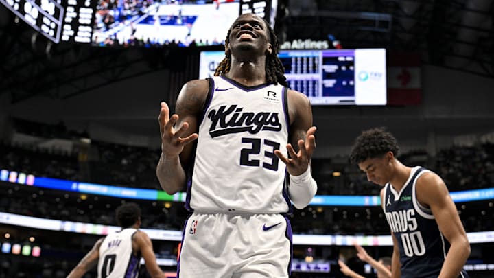 Mar 3, 2025; Dallas, Texas, USA; Sacramento Kings guard Keon Ellis (23) reacts during the second half against the Dallas Mavericks at the American Airlines Center. Mandatory Credit: Jerome Miron-Imagn Images