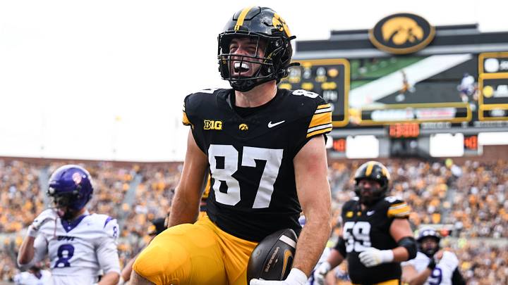 Sep 19, 2026; Iowa City, Iowa, USA;  Iowa Hawkeyes tight end Addison Ostrenga (87) reacts after a touchdown reception against the UNI Panthers during the second quarter at Kinnick Stadium.  Mandatory Credit: Jeffrey Becker-Imagn Images