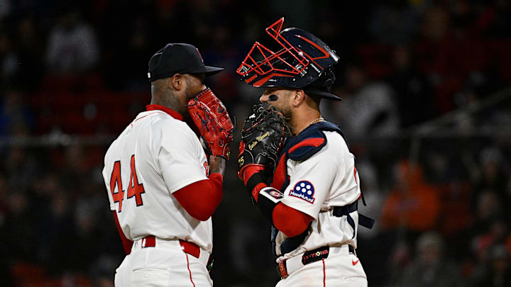 May 19, 2025; Boston, Massachusetts, USA; Boston Red Sox catcher Carlos Narvaez (75) meets relief pitcher Aroldis Chapman (44) on the pitcher's mound for a meeting during the ninth inning against the New York Mets at Fenway Park. Mandatory Credit: Eric Canha-Imagn Images May 19, 2025; Boston, Massachusetts, USA; Boston Red Sox catcher Carlos Narvaez (75) meets relief pitcher Aroldis Chapman (44) on the pitcher's mound for a meeting during the ninth inning against the New York Mets at Fenway Park. Mandatory Credit: Eric Canha-Imagn Images