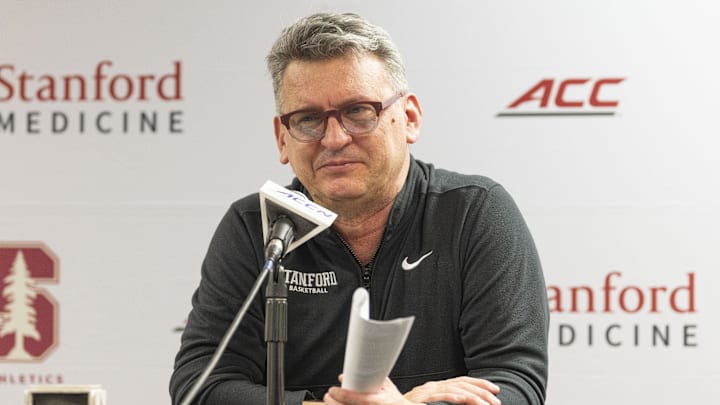 Feb 26, 2025; Stanford, California, USA; Stanford Cardinal head coach Kyle Smith speaks with the media after defeating the Boston College Eagles at Maples Pavilion. Mandatory Credit: Stan Szeto-Imagn Images Feb 26, 2025; Stanford, California, USA; Stanford Cardinal head coach Kyle Smith speaks with the media after defeating the Boston College Eagles at Maples Pavilion. Mandatory Credit: Stan Szeto-Imagn Images