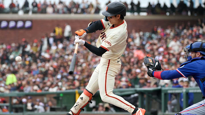 Apr 27, 2025; San Francisco, California, USA; San Francisco Giants outfielder Jung Hoo Lee (51) bats against the Texas Rangers during the third inning at Oracle Park. 