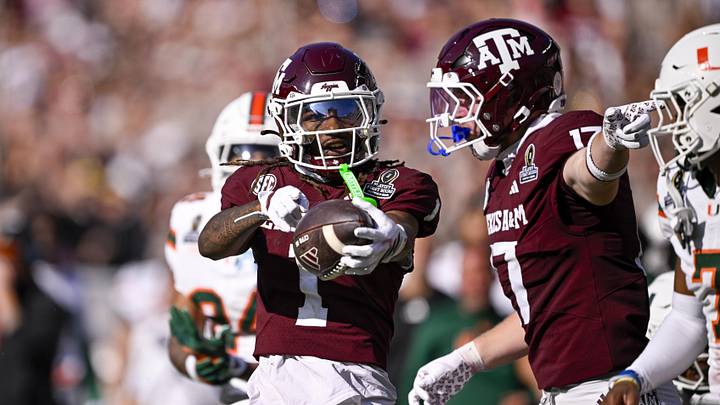 Texas A&M Aggies wide receiver Mario Craver (1) and tight end Theo Melin Ohrstrom (17) celebrate during the game between the Aggies and the Hurricanes at Kyle Field. Texas A&M Aggies wide receiver Mario Craver (1) and tight end Theo Melin Ohrstrom (17) celebrate during the game between the Aggies and the Hurricanes at Kyle Field.