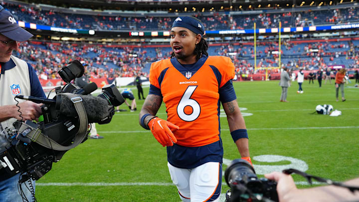 Oct 22, 2023; Denver, Colorado, USA; Denver Broncos safety P.J. Locke (6) following the win over the Green Bay Packers at Empower Field at Mile High. Mandatory Credit: Ron Chenoy-Imagn Images Oct 22, 2023; Denver, Colorado, USA; Denver Broncos safety P.J. Locke (6) following the win over the Green Bay Packers at Empower Field at Mile High. Mandatory Credit: Ron Chenoy-Imagn Images