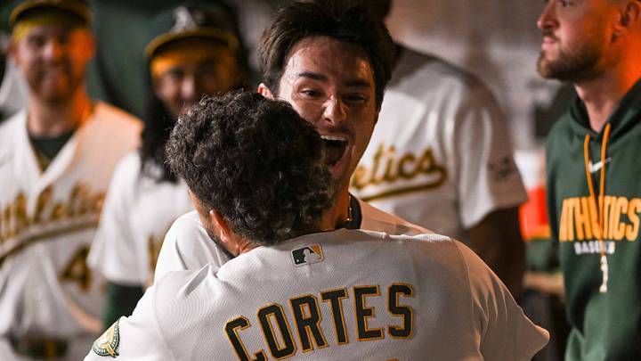 Sep 22, 2026; West Sacramento, California, USA; Athletics right fielder Carlos Cortes (26) celebrates with shortstop Alika Williams (12) after hitting a home run against the Los Angeles Angels during the eighth inning at Sutter Health Park. Mandatory Credit: Ed Szczepanski-Imagn Images Sep 22, 2026; West Sacramento, California, USA; Athletics right fielder Carlos Cortes (26) celebrates with shortstop Alika Williams (12) after hitting a home run against the Los Angeles Angels during the eighth inning at Sutter Health Park. Mandatory Credit: Ed Szczepanski-Imagn Images