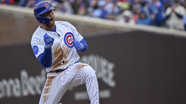 Mar 26, 2026; Chicago, Illinois, USA; Chicago Cubs first baseman Michael Busch (29) reacts after hitting a double against the Washington Nationals during the first inning at Wrigley Field. Mandatory Credit: Matt Marton-Imagn Images Mar 26, 2026; Chicago, Illinois, USA; Chicago Cubs first baseman Michael Busch (29) reacts after hitting a double against the Washington Nationals during the first inning at Wrigley Field. Mandatory Credit: Matt Marton-Imagn Images