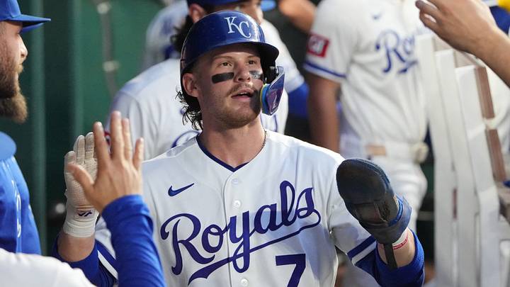 Aug 6, 2026; Kansas City, Missouri, USA; Kansas City Royals shortstop Bobby Witt Jr. (7) celebrates with team mates after hitting a double against the Minnesota Twins during the sixth inning at Kauffman Stadium. Mandatory Credit: Denny Medley-Imagn Images Aug 6, 2026; Kansas City, Missouri, USA; Kansas City Royals shortstop Bobby Witt Jr. (7) celebrates with team mates after hitting a double against the Minnesota Twins during the sixth inning at Kauffman Stadium. Mandatory Credit: Denny Medley-Imagn Images