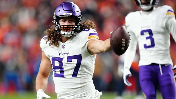 Nov 19, 2023; Denver, Colorado, USA; Minnesota Vikings tight end T.J. Hockenson (87) reacts after