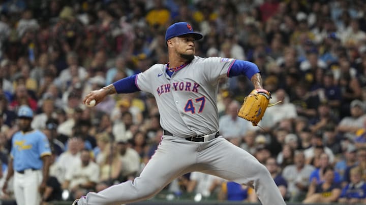 Aug 9, 2025; Milwaukee, Wisconsin, USA; New York Mets pitcher Frankie Montas (47) delivers a pitch against the Milwaukee Brewers in the second inning at American Family Field. Mandatory Credit: Michael McLoone-Imagn Images