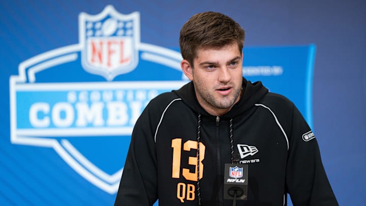 Feb 27, 2026; Indianapolis, IN, USA; LSU quarterback Garrett Nussmeier (QB13) speaks to members of the media during the NFL Combine at the Indiana Convention Center. Mandatory Credit: Jacob Musselman-Imagn Images Feb 27, 2026; Indianapolis, IN, USA; LSU quarterback Garrett Nussmeier (QB13) speaks to members of the media during the NFL Combine at the Indiana Convention Center. Mandatory Credit: Jacob Musselman-Imagn Images