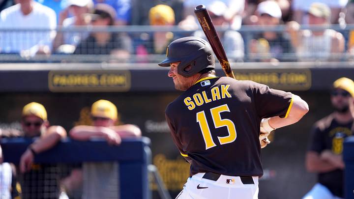 Mar 9, 2026; Peoria, Arizona, USA; San Diego Padres designated hitter Nick Solak (15) bats against the Texas Rangers during the second inning at Peoria Sports Complex. Mandatory Credit: Joe Camporeale-Imagn Images