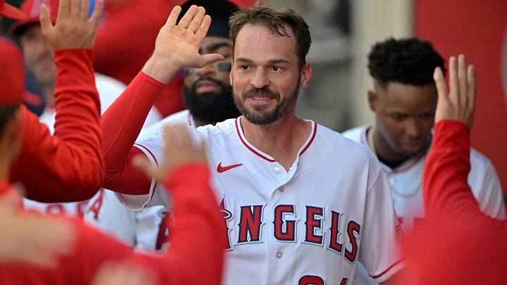 Jun 8, 2026; Anaheim, California, USA; Los Angeles Angels left fielder Trey Mancini (34) is greeted in the dugout after scoring a run in the second inning against the Houston Astros at Angel Stadium. Mandatory Credit: Jayne Kamin-Oncea-Imagn Images Jun 8, 2026; Anaheim, California, USA; Los Angeles Angels left fielder Trey Mancini (34) is greeted in the dugout after scoring a run in the second inning against the Houston Astros at Angel Stadium. Mandatory Credit: Jayne Kamin-Oncea-Imagn Images
