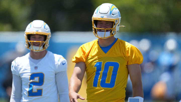 May 29, 2024; Costa Mesa, CA, USA; Los Angeles Chargers quarterback Justin Herbert (10) and quarterback Easton Stick (2) during organized team activities at Hoag Performance Center. Mandatory Credit: Kirby Lee-USA TODAY Sports May 29, 2024; Costa Mesa, CA, USA; Los Angeles Chargers quarterback Justin Herbert (10) and quarterback Easton Stick (2) during organized team activities at Hoag Performance Center. Mandatory Credit: Kirby Lee-USA TODAY Sports