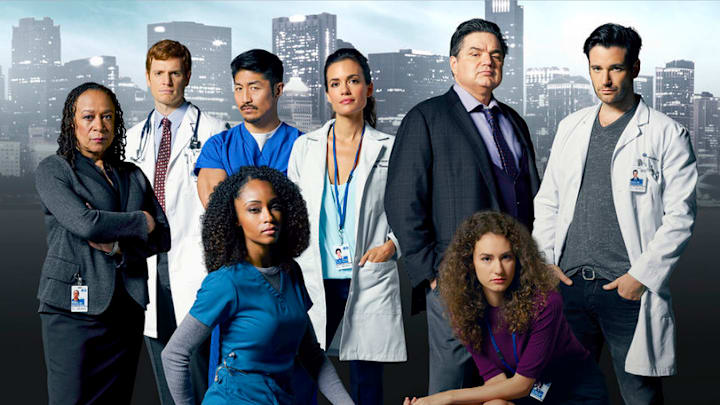 CHICAGO MED -- Season: 1 -- Pictured: (l-r) top row: S. Epatha Merkerson as Sharon Goodwin, Nick Gehlfuss as Dr. Will Halstead, Brian Tee as Ethan, Torrey DeVitto as Dr. Lily Manning, Oliver Platt as Dr. Daniel Charles, Colin Donnell as Connor Bradhaw; seated: Yaya DaCosta as Nurse April Sexton, Rachel DiPillo as Dr. Sarah Reese -- (Photo by: Mark Seliger/NBC)
