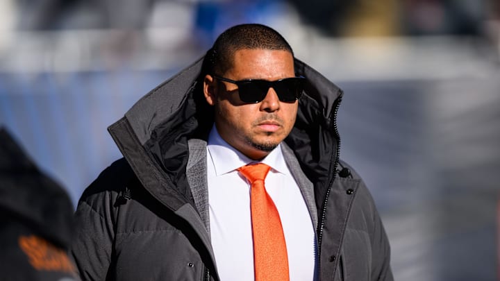 Dec 4, 2022; Chicago, Illinois, USA; Chicago Bears general manager Ryan Poles looks on before the game against the Green Bay Packers at Soldier Field. Mandatory Credit: Daniel Bartel-Imagn Images
